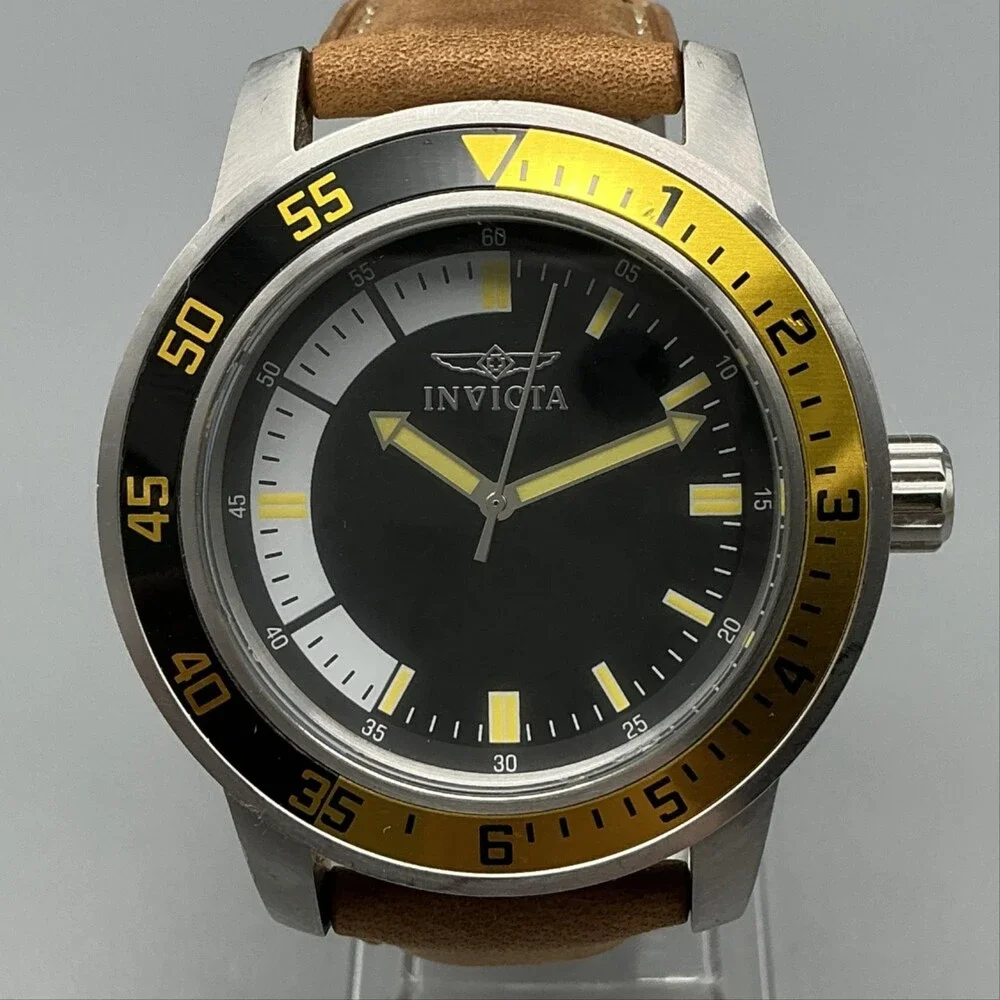 Invicta Specialty Mens Watch 45mm Black Dial Brown Leather 12846 New Battery